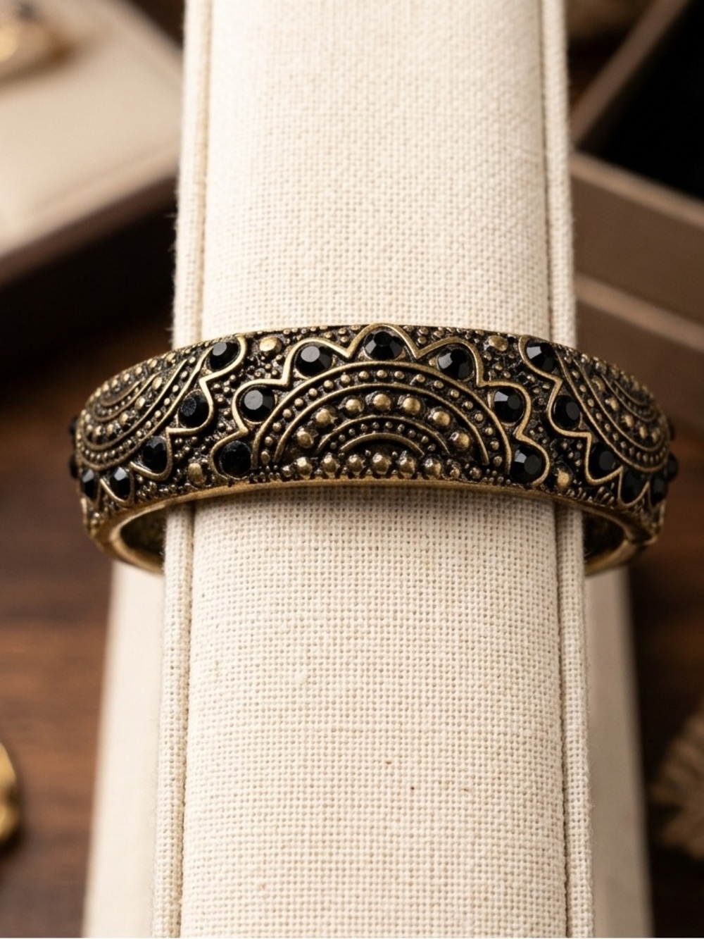 Avon Maya Cuff Bracelet Gold & Black Scroll Design Antique Look 1798
